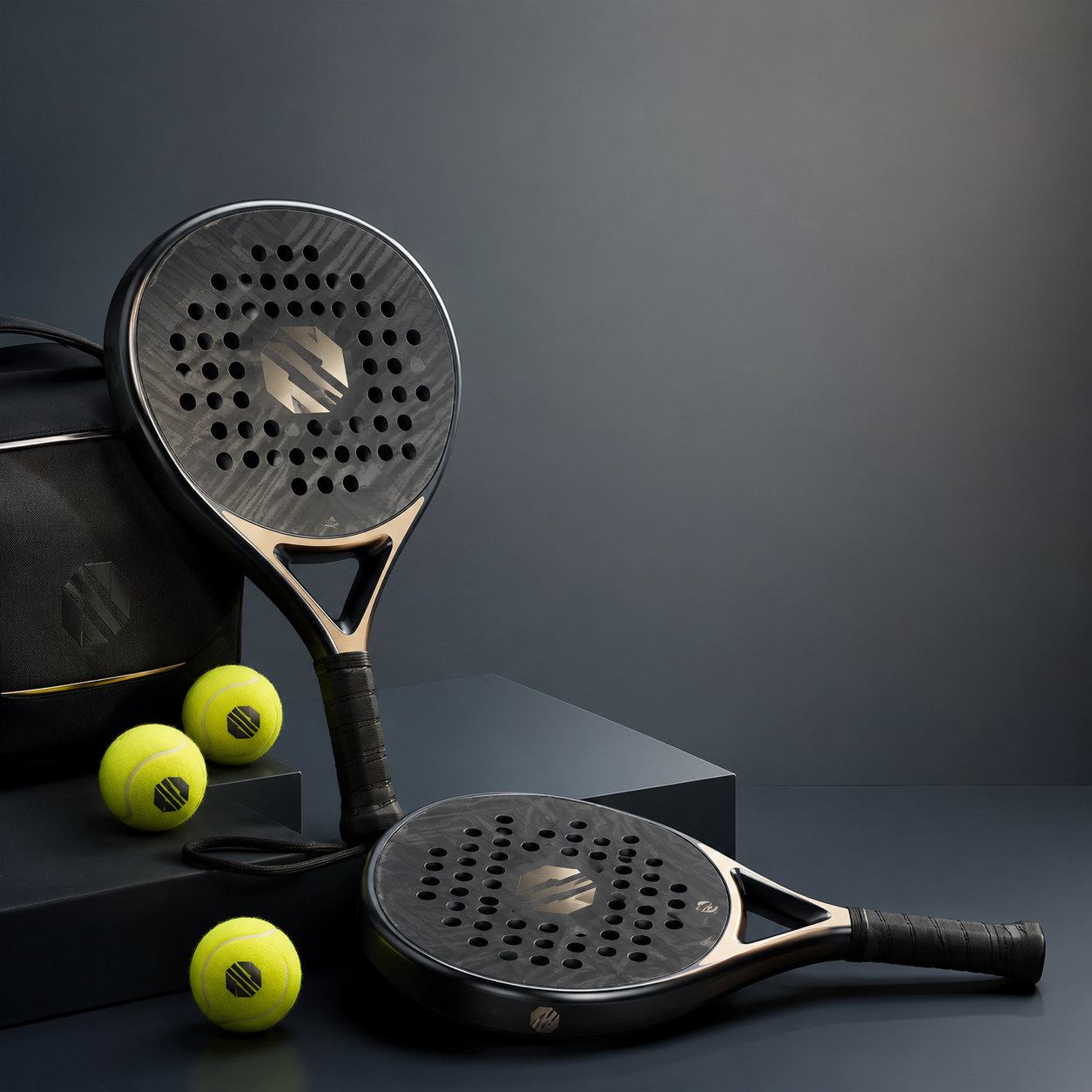 Two black and gold padel rackets displayed with three yellow tennis balls and a black carrying bag on a dark gray studio background.