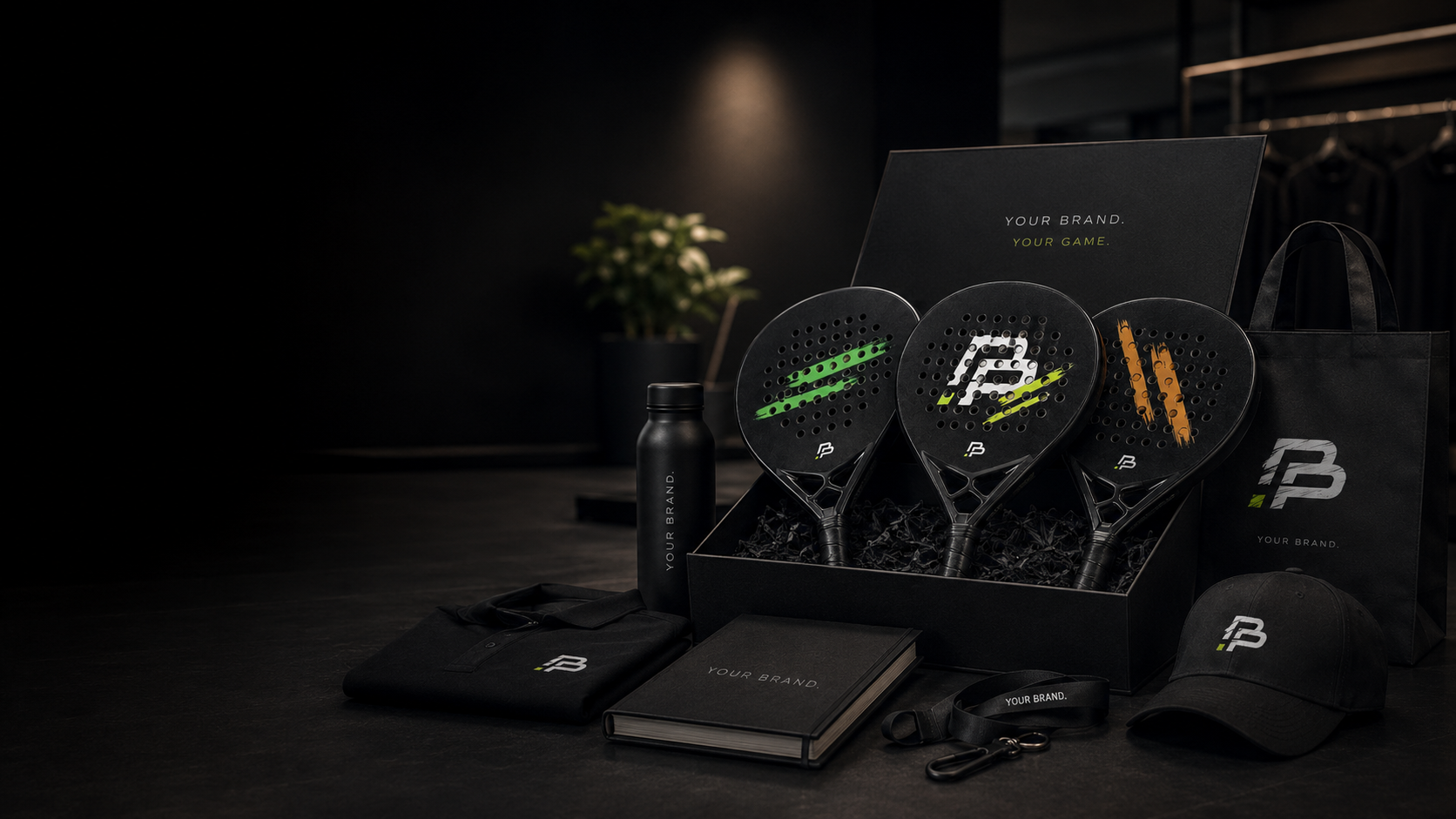 A branded paddle set displayed in an open black gift box, with matching black apparel and accessories arranged around it on a dark surface. The set includes three paddle faces with green, white, and orange logo graphics, a black bottle, a notebook, a cap, a towel, and branded bags.